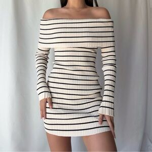 Meshki Off Shoulder Stripe Mini Long Sleeve Rib Dress